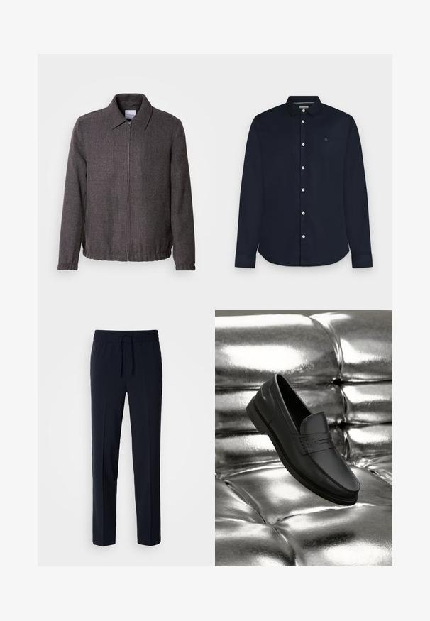 Lindbergh TEXTURED ZIP THROUGHT JACKET - Suvejakk - charcoal; Meeste tumesinise varrukatega pikk triiksärk kraega ja valgete nööpidega, esitatud heledal hallil taustal.; Tumed sinine, kergesti kaaluva pükse elastse vöökoha ja reguleeritava nööriga, millel on sirge lõikega disain ja sile tekstuur.; Mustad nahast mokassiinid, millel on sile tekstuur, õmbluste detailid ja klassikaline disain, esitatud metallilise, läikiva tausta taustal.