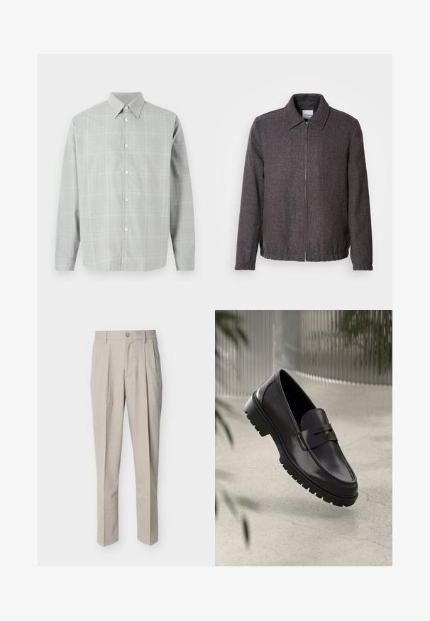 Lindbergh TEXTURED ZIP THROUGHT JACKET - Letná bunda - charcoal; Šedá košeľa s dlhým rukávom s jemným kockovaným vzorom, s gombíkovým zapínaním, špicatým golierom a hladkým textilným povrchom.; Béžové pánske nohavice na mieru s prednými záhybmi, pútkami na opasok, zapínaním na gombík a rovnými nohavicami na bielom pozadí.; Hnedé kožené mokasíny s textúrovanou, ryhovanou gumovou podrážkou. Obsahujú elegantný dizajn a dekoratívny remienok cez priehlavok.