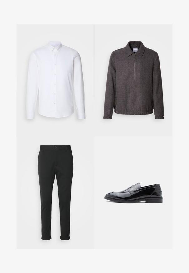 Lindbergh TEXTURED ZIP THROUGHT JACKET - Leichte Jacke - charcoal; Weißes Hemd mit langen Ärmeln und Knopfleiste aus glattem Stoff, mit klassischem Kragen, acht Knöpfen auf der Vorderseite und normalen Manschetten.; Schwarze Hose aus einem glatten Stoff mit geradem Schnitt. Besitzt einen einzelnen Knopfverschluss und umgeschlagene Bündchen.; Schwarze Loafer aus Lackleder mit glatter Oberfläche, abgerundetem Zehenbereich und dekorativem Riemendetail, mit flachem Profil und Gummisohle.
