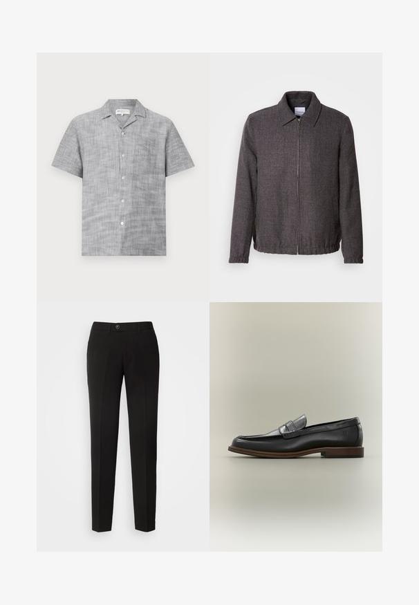 Lindbergh TEXTURED ZIP THROUGHT JACKET - Lichte jas - charcoal; Grijze korte mouwen knoopshirt van gestructureerde stof met een kraag en een klein borstzakje. Voorzien van lichte knopen.; Zwarte rechte broek van gladde stof, met een knoopsluiting en zijzakken in een klassiek ontwerp.; Zwarte leren penny loafer met bruine zool en lage hak, vanaf de zijkant weergegeven tegen een neutrale achtergrond.