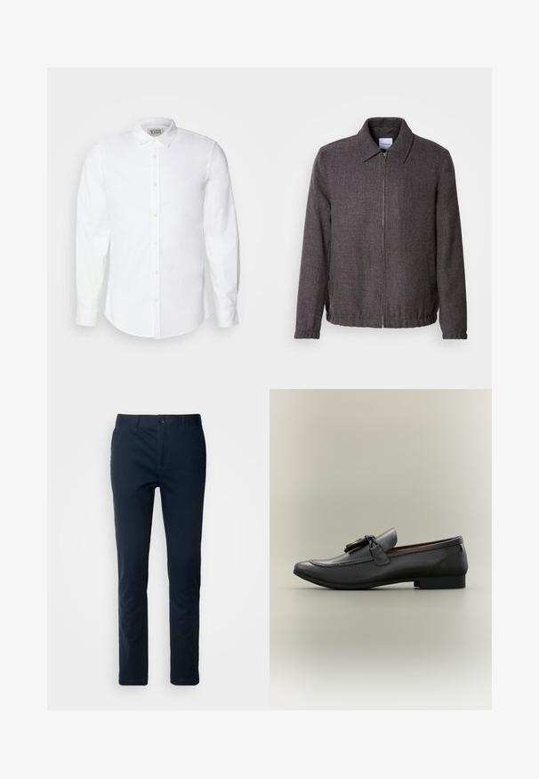Lindbergh TEXTURED ZIP THROUGHT JACKET - Veste légère - charcoal; Chemise blanche à boutons, en coton, avec un col classique, des manches longues et une broderie subtile sur la poitrine à gauche. Équipée de boutons beige.; Chinos bleu marine en tissu tissé, dotés d'une fermeture à boutons à l'avant, de passants de ceinture et d'une coupe droite au style minimaliste.; Mocassin en cuir noir avec un bout arrondi, un gland décoratif et des détails cousus. Talon plat avec un profil élégant et une texture lisse.