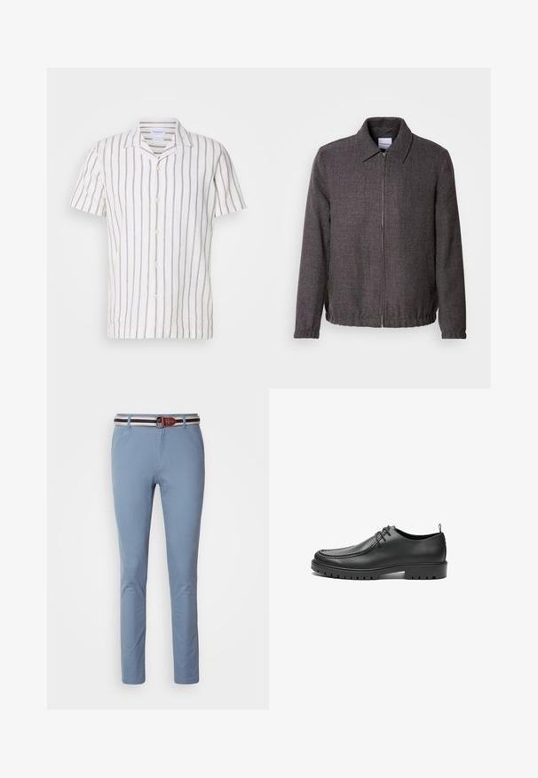 Lindbergh TEXTURED ZIP THROUGHT JACKET - Lichte jas - charcoal; Linnen overhemd met korte mouwen in lichtgrijze verticale strepen op een witte achtergrond, met een klassieke kraag en knoopsluiting aan de voorkant.; Lichtblauwe broek met een slim fit, voorzien van een bruine leren riem met witte en marineblauwe gestreepte accenten. Glad stofoppervlak, klassiek ontwerp.; Zwarte lederen schoenen met een gladde afwerking, ronde neus en decoratieve stiksels. Beschikt over een rubberen zool met tractiegrepen en een vetersluiting.