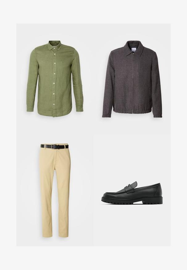 Lindbergh TEXTURED ZIP THROUGHT JACKET - Let jakke / Sommerjakker - charcoal; Olivengrøn hørskjorte med krave, lange ærmer og forrest knapper med hvide knapper og et tekstureret stof.; Beige bomuldsbukser med lige ben-design, sikret med et sort læderbælte med en sølvspænde.; Sorte læder loafers med rund tå, der har et syet design, lav platformssål og en struktureret, skridsikker gummisål.
