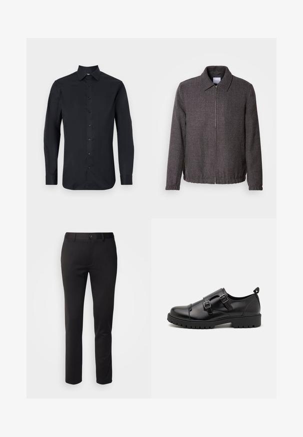 Lindbergh TEXTURED ZIP THROUGHT JACKET - Lichte jas - charcoal; Zwarte longsleeve shirt van gladde stof, met een klassieke kraag, sluiting aan de voorkant met knopen en knoopmanchetten.; Zwarte broek van gladde stof, met een rechte pijpdesign, sluiting met voorste knoop en riemlussen, weergegeven op een witte achtergrond.; Pier One by Zalando Zakelijke loafers - black