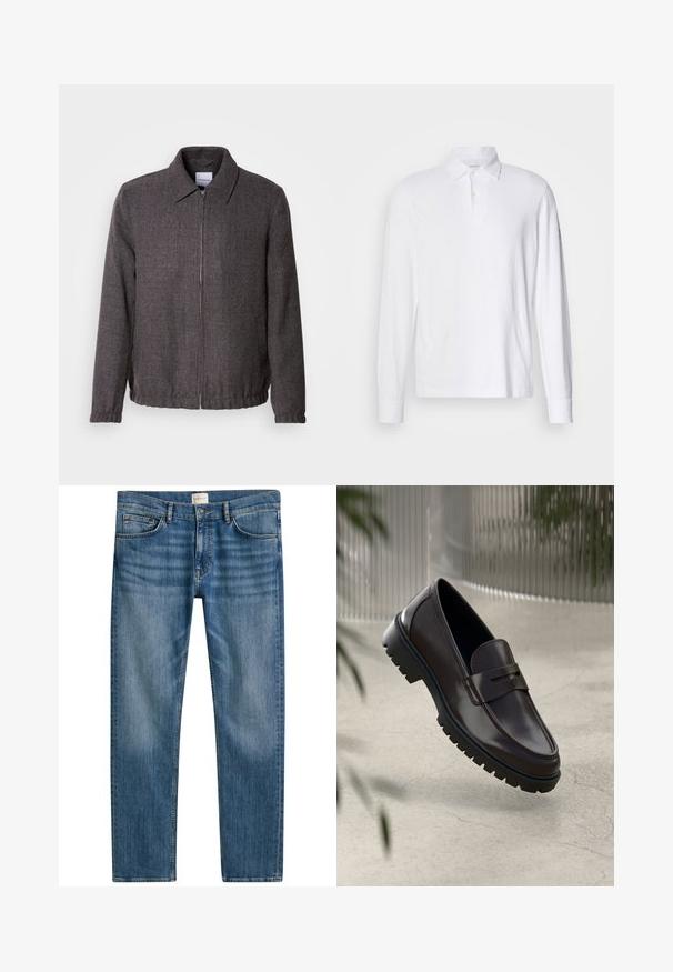 Lindbergh TEXTURED ZIP THROUGHT JACKET - Let jakke / Sommerjakker - charcoal; Hvid langærmet polo shirt med krave og to knapper, vist på en lys grå baggrund.; Blå denimjeans med lige snit, der har fem lommer, knaplukning og let falmning over stoffet for tekstur.; Brune læder loafers med en tekstureret, rippet gummisål. Har et slankt design og et dekorativt bånd over vristen.