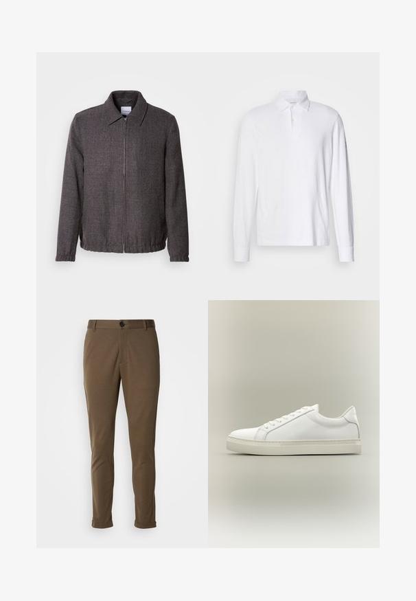 Lindbergh TEXTURED ZIP THROUGHT JACKET - Veste légère - charcoal; Chemise polo blanche à manches longues, avec col et deux boutons, présentée sur un fond gris clair.; Pantalon marron ajusté avec une texture lisse, doté d'une fermeture à bouton et de poignets retournés. Conçu avec une coupe slim et des poches fonctionnelles.; Baskets blanches basses à lacets sur l’avant et semelle épaisse, vues de côté sur un fond neutre.