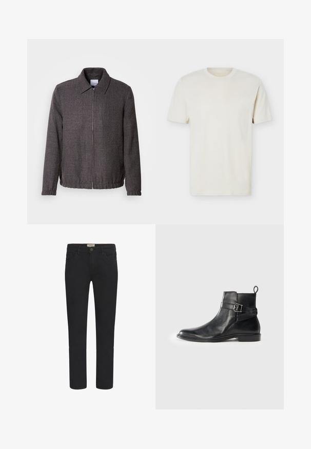 Lindbergh TEXTURED ZIP THROUGHT JACKET - Let jakke / Sommerjakker - charcoal; Simpel, off-white T-shirt med korte ærmer og rund hals, med diskret logo på venstre bryst, vist mod en hvid flad baggrund.; Sorte denimjeans med lige pasform, fem-lomme design og knaplukning foran. Glat tekstur med subtile syninger.; Sorte læder ankelstøvler med rund tå, sidespænde detaljer og en løkkerings på hælen. Flad sål med en subtil glansfinish.