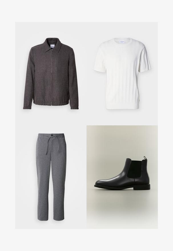 Lindbergh TEXTURED ZIP THROUGHT JACKET - Veste légère - charcoal; Pull en maille blanc à manches courtes avec côtes verticales et un col rond, présenté sur un fond gris clair uni.; Pantalons de survêtement gris en tissu doux, dotés d'une taille élastique avec cordon de serrage, de jambes droites et d'un design simple et épuré.; Botte Chelsea en cuir noir avec panneaux latéraux élastiques et languette sur un fond neutre, vue de profil latéral.