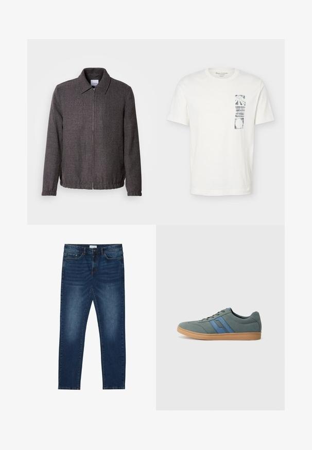 Lindbergh TEXTURED ZIP THROUGHT JACKET - Let jakke / Sommerjakker - charcoal; Hvid T-shirt med korte ærmer, rund hals og sort abstrakt rektangulært motiv på venstre brystområde.; Mørkeblå slim-fit jeans med falmede detaljer, klassisk fem-lomme design, knappelukning og bæltestropper.; Lys grøn ruskind sneaker med blå detaljer, flade snørebånd og en beige gummisål. Rund toe og lavprofil design.