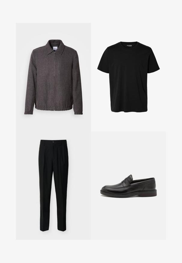 Lindbergh TEXTURED ZIP THROUGHT JACKET - Καλοκαιρινό μπουφάν - charcoal; Απλό μαύρο κοντομάνικο T-shirt με στρογγυλή λαιμόκοψη, ανδρική εφαρμογή και χωρίς εμφανή σχέδια ή λογότυπα μπροστά.; Μαύρο παντελόνι ραμμένο με ψηλή μέση, θηλιές για ζώνη, πιέτες μπροστά, πλαϊνές τσέπες και κλείσιμο με κουμπί και φερμουάρ.; Μαύρες δερμάτινες loafers με ραμμένο σχέδιο στη μύτη, διπλές οριζόντιες λωρίδες στον άνω μέρος, και ξύλινη τακούνι. Λείο υφές και στρογγυλή μορφή.