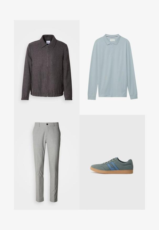 Lindbergh TEXTURED ZIP THROUGHT JACKET - Lichte jas - charcoal; Lange mouw polo shirt in lichtblauw met een vlakke kraag, een drieknoopssluiting en een subtiele textuur. Beschikt over een gestreepte binnenkraag.; Lichtgrijze broek gemaakt van gestructureerde stof, met een platte voorkant, twee zijzakken en een enkele knoopsluiting. Getailleerde pasvorm.; Lichtgroene suède sneaker met blauwe accenten, platte veters en een beige rubberen zool. Rond neus en laag profiel ontwerp.