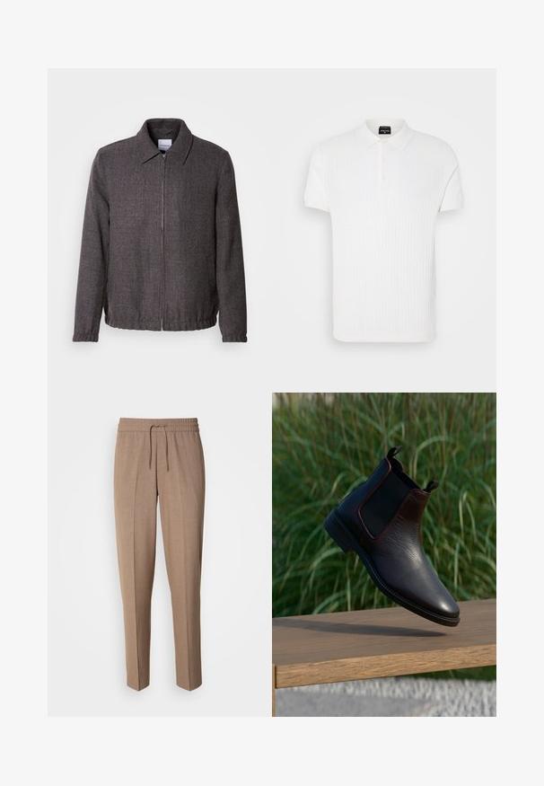 Lindbergh TEXTURED ZIP THROUGHT JACKET - Veste légère - charcoal; Polo-shirt blanc à manches courtes avec un motif en maille texturée, col classique et patte de boutonnage à trois boutons. Fini en tissu lisse.; Pantalons en tissu tissé brun, avec une coupe décontractée, taille à cordon de serrage et plis à l'avant. Jambes droites et sans poches ni éléments en métal visibles.; Bottines Chelsea en cuir noir avec finition texturée, panneaux latéraux élastiques et languettes. Semelle robuste et design élégant à bout pointu.