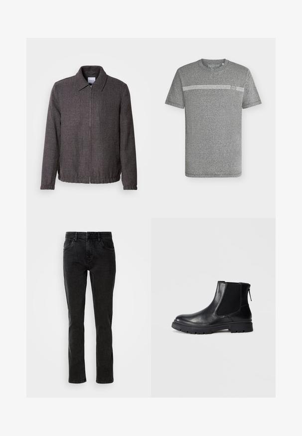 Lindbergh TEXTURED ZIP THROUGHT JACKET - Veste légère - charcoal; T-shirt gris à manches courtes et col rond avec une rayure blanche horizontale et un petit logo "D" sur la poitrine.; Jeans en denim noir avec une coupe droite, cinq poches et des détails de couture subtils. Fabriqués en coton solide, adaptés pour un usage décontracté.; Bottine en cuir noir avec une finition lisse, des panneaux latéraux en maille élastique et une semelle robuste avec un motif de crampons visible.