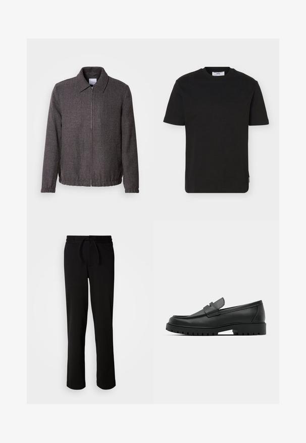 Lindbergh TEXTURED ZIP THROUGHT JACKET - Chaqueta fina - charcoal; Camiseta negra lisa de manga corta y cuello redondo con una pequeña etiqueta de la marca en el dobladillo lateral inferior.; Pantalones de chándal negros con cinturilla ajustable, hechos de tela suave y elástica. Presentan un corte relajado con piernas rectas y sin bolsillos visibles.; Mocasines de cuero negro con punta redonda, que cuentan con un diseño cosido, suela de plataforma baja y una suela de goma texturada y con tacos.