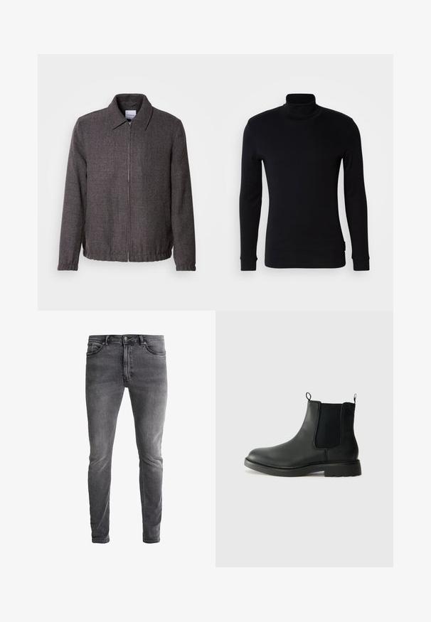Lindbergh TEXTURED ZIP THROUGHT JACKET - Let jakke / Sommerjakker - charcoal; Sort langærmet turtleneck-trøje lavet af blødt stof. Har et tætsiddende design med ribbede manchetter og en glat overflade. Ingen mønstre eller logoer.; Slanke grå denimjeans med en let stræk. Har fem lommer, lynlås foran og en kontrasterende metalknap. Vasket overflade med falmede effekter.; Sorte læder chelsea støvler med elastiske sidepaneler, trækflapper, rund tå og tekstureret gummisål. Glat overflade og robust design.
