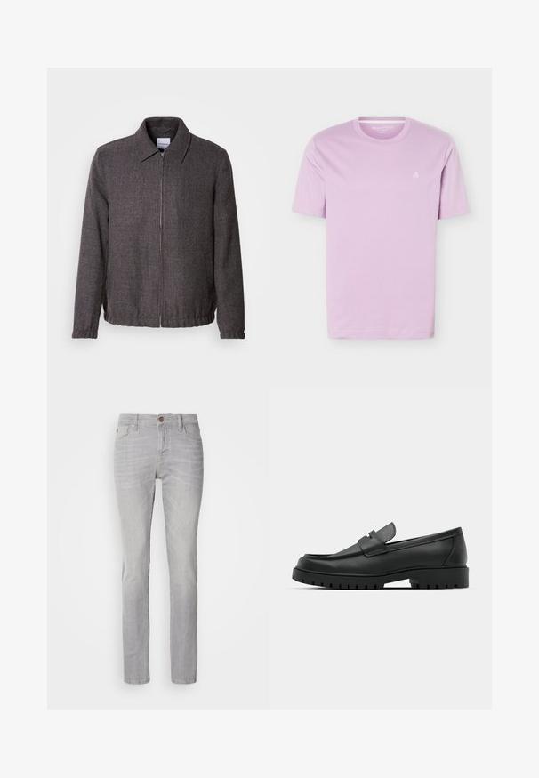 Lindbergh TEXTURED ZIP THROUGHT JACKET - Veste légère - charcoal; T-shirt mauve clair à manches courtes avec col rond et petit logo blanc "M OP" sur le côté gauche de la poitrine, présenté sur un fond blanc.; Jeans en denim gris clair à coupe droite, dotés de cinq poches, d'une fermeture à bouton et de détails de froissés subtils.; Mocassins en cuir noir à bout arrondi, avec un design cousu, une semelle plateforme basse et une semelle en caoutchouc texturée et crantée.