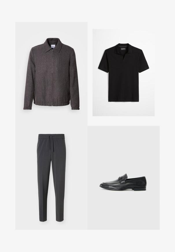Lindbergh TEXTURED ZIP THROUGHT JACKET - Veste légère - charcoal; Polo noir à manches courtes avec col et encolure en forme de trou de serrure, étiquette indiquant "Marc O'Polo Regular Fit", présenté sur fond blanc.; Pantalon slim gris charbon avec taille élastique et cordon, en tissu lisse, présenté sur fond blanc uni.; Mocassins en cuir noir avec un bout arrondi, des détails cousus, une large lanière sur le devant, et un talon bas et plat. Fini lisse.
