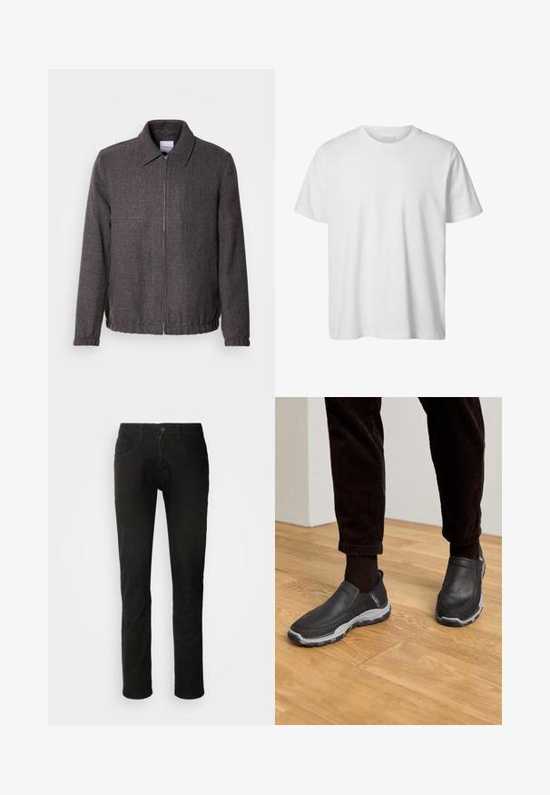 Lindbergh TEXTURED ZIP THROUGHT JACKET - Chaqueta fina - charcoal; Camiseta blanca lisa de manga corta con cuello redondo, corte holgado y sin logos o diseños visibles en el frente.; Jeans de mezclilla negra con un diseño de pierna recta, que cuentan con dos bolsillos frontales y un cierre de botón. Textura suave y acabado limpio.; Zapatos negros sin cordones con parte superior de cuero texturizado y una suela de goma gris, sobre un suelo de madera y pantalones de pana.