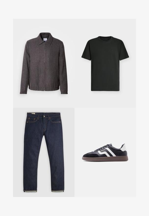 Lindbergh TEXTURED ZIP THROUGHT JACKET - Veste légère - charcoal; T-shirt noir uni à manches courtes et col rond avec un logo brodé subtil en haut de la poitrine sur un fond clair.; Jean en denim bleu foncé à coupe droite avec revers roulés, design cinq poches, rivets en cuivre et fermeture par bouton sur fond uni.; Baskets noires en suède et matériau synthétique, avec des bandes diagonales blanches et une semelle brun texturée. Elles présentent un design à lacets et un col rembourré.