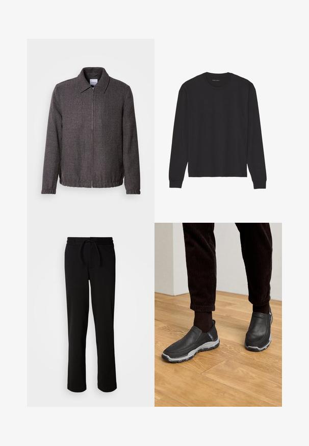 Lindbergh TEXTURED ZIP THROUGHT JACKET - Chaqueta fina - charcoal; Camiseta de manga larga negra hecha de algodón suave. Presenta un cuello redondo clásico, puños acanalados y un ajuste holgado. Diseño sencillo, sin estampados.; Pantalones de chándal negros con cinturilla ajustable, hechos de tela suave y elástica. Presentan un corte relajado con piernas rectas y sin bolsillos visibles.; Zapatos negros sin cordones con parte superior de cuero texturizado y una suela de goma gris, sobre un suelo de madera y pantalones de pana.
