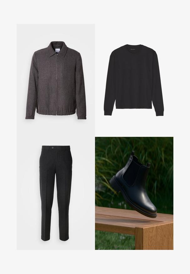 Lindbergh TEXTURED ZIP THROUGHT JACKET - Let jakke / Sommerjakker - charcoal; Sort langærmet T-shirt lavet af blød bomuld. Har en klassisk rund hals, ribbede manchetter og en afslappet pasform. Simpelt design uden mønstre.; Lindbergh Bukser - black melange; Sort læder ankelstøvle med elastiske sidepaneler, der svæver over en træbænk, med grønne planter i baggrunden.