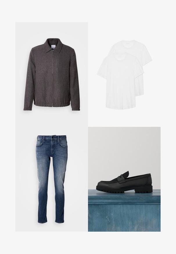 Lindbergh TEXTURED ZIP THROUGHT JACKET - Chaqueta fina - charcoal; Dos camisetas blancas de manga corta hechas de algodón, con cuello redondo, textura suave y un diseño simple y sin adornos.; Antony Morato KURT COMFORT - Vaqueros tapered - blue denim; Zapato negro de cuero tipo slip-on con un detalle de tela texturizada, suela de goma resistente y acabado suave. Presenta un detalle sutil de costuras.