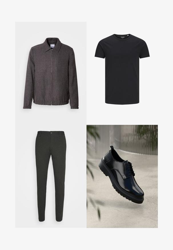 Lindbergh TEXTURED ZIP THROUGHT JACKET - Veste légère - charcoal; T-shirt en coton noir avec un col rond, des manches courtes et un design simple. Texture lisse, sans motifs ni éléments visibles.; Pantalons à fines rayures gris foncé avec une coupe ajustée, dotés d'une taille standard et d'une fermeture à un bouton. Texture lisse et design sur mesure.; Chaussure en cuir noir avec une finition brillante, bout rond, design à lacets, surpiqûres contrastantes, et semelle épaisse en caoutchouc avec motifs de relief.