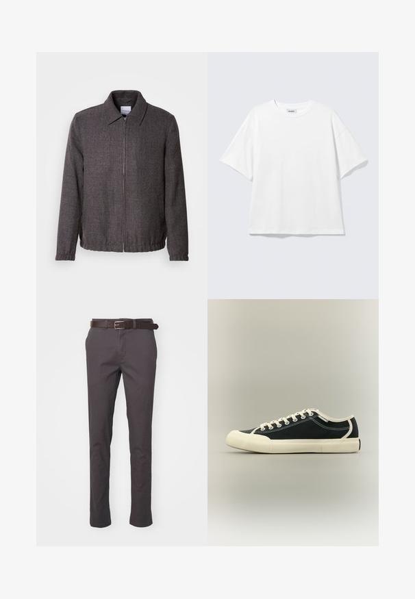 Lindbergh TEXTURED ZIP THROUGHT JACKET - Veste légère - charcoal; T-shirt blanc oversize à manches courtes, col rond, épaules tombantes, posé à plat sur fond gris clair.; Pantalons en coton gris à coupe slim, dotés d'une ceinture en cuir marron et de poches classiques, conçus pour un look décontracté.; Baskets basses en toile noire avec semelle en caoutchouc blanche, bout renforcé, lacets et détails de couture sur fond neutre.