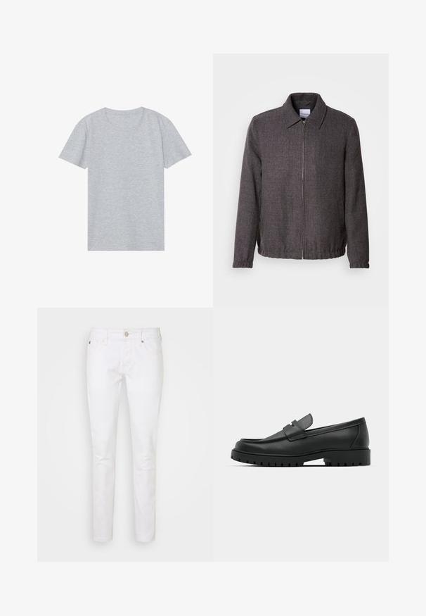 Lindbergh TEXTURED ZIP THROUGHT JACKET - Veste légère - charcoal; T-shirt gris à manches courtes en mélange de coton doux, avec un col rond classique et une texture lisse et légère.; Jeans en denim blanc avec une coupe ajustée, dotés d'un design classique à cinq poches, d'un zip et de détails de couture subtils.; Mocassins en cuir noir à bout arrondi, avec un design cousu, une semelle plateforme basse et une semelle en caoutchouc texturée et crantée.