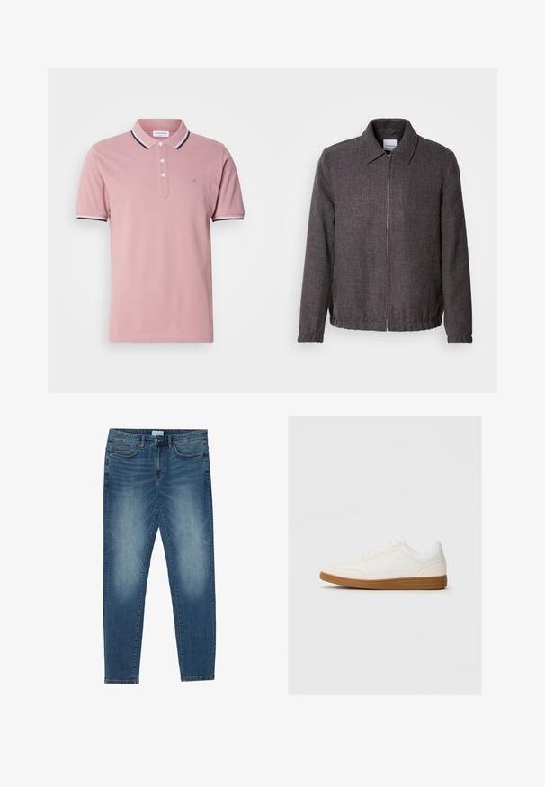 Lindbergh TEXTURED ZIP THROUGHT JACKET - Let jakke / Sommerjakker - charcoal; Lyserød polo shirt med en to-knaps stolpe, ribbet krave med marineblå og hvide striber og et diskret logo broderet på brystet.; Denimjeans i midtblå med en falmet vask, fem-lomme design, lige ben pasform og broderede detaljer. Knap- og lynlåslukning.; Hvide sneakers med en ruskind tåspids, glat syntetisk overdel og tan gummisål. Har perforeringer på siderne for åndbarhed.