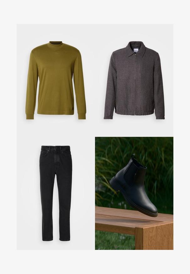 Lindbergh TEXTURED ZIP THROUGHT JACKET - Chaqueta fina - charcoal; Camisa de cuello alto de manga larga en verde oliva, hecha de una tela suave, con un diseño ajustado y cuellos y puños acanalados.; Jeans de mezclilla negra con un diseño de pierna recta, que presentan un cierre de botón y cremallera, bolsillos frontales y una textura sutil.; Bota de cuero negro a la altura del tobillo flotando sobre un banco de madera con hierba verde y plantas en el fondo desenfocado.