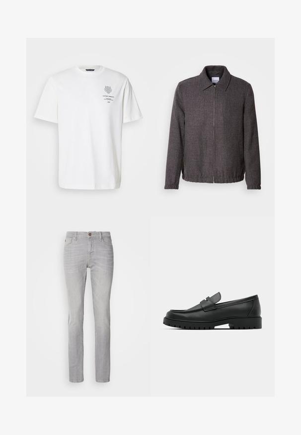 Lindbergh TEXTURED ZIP THROUGHT JACKET - Chaqueta fina - charcoal; Camiseta de algodón blanca con cuello redondo, mangas cortas y un diseño impreso de logo y texto en la parte delantera en gris.; Vaqueros de mezclilla gris claro con corte recto, que presentan cinco bolsillos, un cierre de botón y detalles de desgaste sutil.; Mocasines de cuero negro con punta redonda, que cuentan con un diseño cosido, suela de plataforma baja y una suela de goma texturada y con tacos.