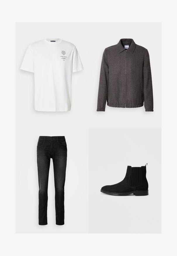 Lindbergh TEXTURED ZIP THROUGHT JACKET - Leichte Jacke - charcoal; Weißes Baumwoll-T-Shirt mit rundem Halsausschnitt, kurzen Ärmeln und einem grauen Logo- und Textdruck auf der Vorderseite.; Schwarze Denim-Jeans mit geradem Bein, ausgestattet mit fünf Taschen, einem Knopfverschluss und einer dezenten Stoffstruktur. Keine sichtbaren Abnutzungserscheinungen oder Muster.; Schwarzer Wildlederschuh im Chelsea-Stil mit elastischen Seitenteilen, runder Zehenform, subtiler Textur und Ziehhilfe an der Rückseite. Flache Gummisohle.
