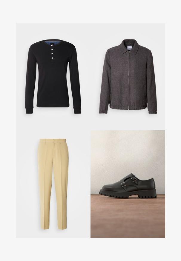 Lindbergh TEXTURED ZIP THROUGHT JACKET - Let jakke / Sommerjakker - charcoal; Sort langærmet skjorte lavet af blødt stof, med rund halsudskæring, knaplukning med hvide knapper og tætsiddende manchetter.; Beige skræddersyede bukser med lige pasform, flad front og sidelommer. Fremstillet af et glat stof med en let glans.; Sort lædersko med dobbelte spænderemme, rundet tå og tekstureret, tyk gummisål. Minimalistisk design med kontrasterende blåt indre.