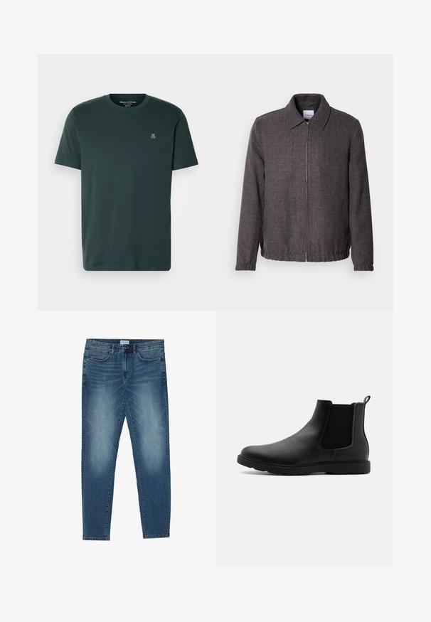 Lindbergh TEXTURED ZIP THROUGHT JACKET - Chaqueta fina - charcoal; Camiseta verde oscuro hecha de tela suave, con cuello redondo y mangas cortas. Logo bordado en el lado izquierdo del pecho.; Vaqueros de mezclilla en azul medio con un lavado descolorido, diseño de cinco bolsillos, corte recto y acentos cosidos. Cierre con botón y cremallera.; Botín Chelsea negro de cuero con paneles laterales elásticos, una tira de agarre y una suela de goma duradera. Textura suave y diseño aerodinámico.