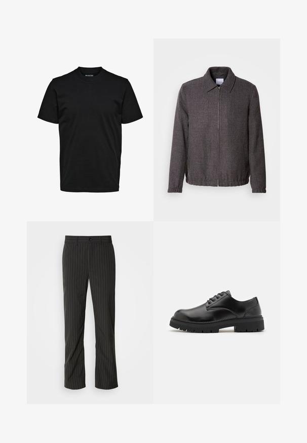 Lindbergh TEXTURED ZIP THROUGHT JACKET - Letná bunda - charcoal; Jednoduché čierne tričko s krátkym rukávom, okrúhlym výstrihom a pravidelným strihom bez viditeľných vzorov alebo log.; Čierne pruhované nohavice so rovným strihom. Majú hladkú textúru, zapínanie na predný gombík a pútka na opasok.; Čierne kožené topánky s okrúhlou špičkou, šnurovací dizajn a hrubou, textúrovanou gumovou podrážkou. Má šitie pozdĺž okraja a hladký povrch.