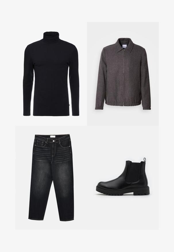 Lindbergh TEXTURED ZIP THROUGHT JACKET - Καλοκαιρινό μπουφάν - charcoal; Μαύρο μακρυμάνικο μπλουζάκι με ψηλό γιακά, φτιαγμένο από μαλακό, ελαστικό υλικό. Διαθέτει εφαρμοστή σχεδίαση και απαλή υφή. Χωρίς ορατά σχέδια ή αξεσουάρ.; Μαύρα τζιν παντελόνια με άνετη εφαρμογή, διαθέτουν ξεθωριασμένες κάθετες γραμμές, πέντε τσέπες και αντίθετη κίτρινη ραφή.; Zign by Zalando LEATHER - Κλασικές μπότες αστραγάλου - black