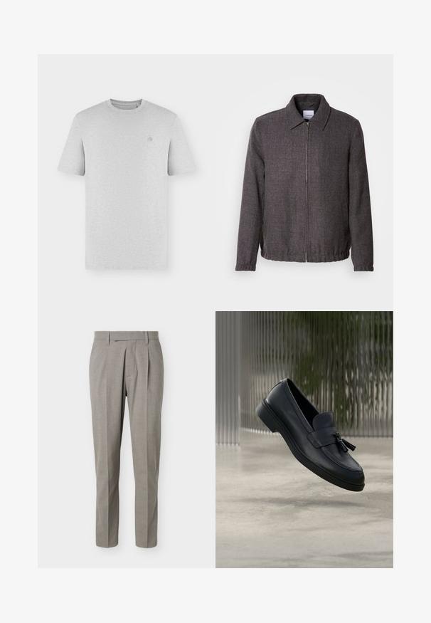 Lindbergh TEXTURED ZIP THROUGHT JACKET - Veste légère - charcoal; T-shirt uni gris clair à manches courtes, col rond, avec un petit logo brodé discret sur le côté gauche de la poitrine.; Pantalon gris clair sur mesure à jambes droites, passants pour ceinture, plis avant et taille nette sur fond blanc.; Mocassins en cuir noir avec une texture lisse, un bout arrondi et des pampilles décoratives à l'avant. Semelle en caoutchouc flexible avec un petit talon.