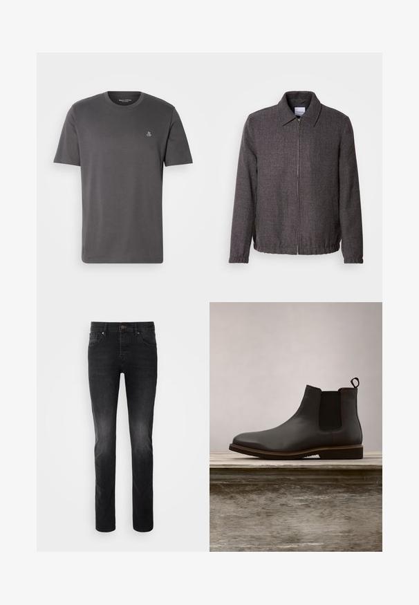Lindbergh TEXTURED ZIP THROUGHT JACKET - Chaqueta fina - charcoal; Camiseta de manga corta gris oscuro hecha de algodón. Presenta un cuello redondo y un pequeño logo "MOP" en el lado izquierdo del pecho. Diseño simple, textura sin costuras.; Jeans de denim negro con corte recto, que presentan un cierre de botón, cinco bolsillos y un ligero efecto de desvanecimiento en la tela.; Botín Chelsea de cuero negro con paneles elásticos en los lados y puntera redondeada, que presenta una suela texturizada y un sutil detalle de costura, elevado sobre una superficie de madera.