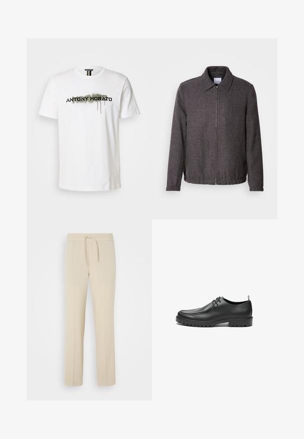 Lindbergh TEXTURED ZIP THROUGHT JACKET - Let jakke / Sommerjakker - charcoal; Hvid bomulds T-shirt med et dristigt sort "ANTONY MORATO" logo med grønne spraymaling detaljer, rund halsudskæring og korte ærmer.; Beige, elastisk taljebukser med snoretræk. Har lige ben og en glat tekstur, velegnet til afslappet brug eller afslapning.; Sorte lædersko med en glat overflade, rund tå og dekorativ stikning. Har en gummisål med skridsikre spor og snørebåndsdesign.