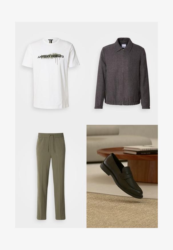 Lindbergh TEXTURED ZIP THROUGHT JACKET - Lichte jas - charcoal; Witte katoenen t-shirt met een gedurfde zwarte "ANTONY MORATO" logo en groene spuitverfaccenten, ronde halslijn en korte mouwen.; Olijfgroene, lichte broek met een elastische tailleband en verstelbaar trekkoord; recht model en een gladde textuur.; Zwarte leren loafer schoen getoond in de lucht boven een beige geweven tapijt, met een houten tafel en gestapelde boeken in een zacht verlichte woonkamer.