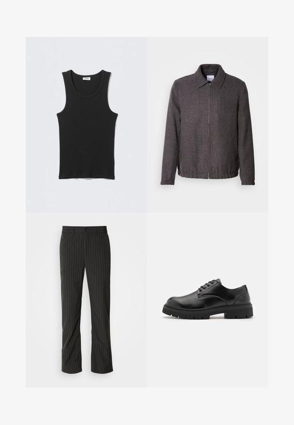 Lindbergh TEXTURED ZIP THROUGHT JACKET - Veste légère - charcoal; Débardeur noir côtelé sans manches avec encolure ronde, posé à plat sur un fond gris clair. L'étiquette indique « WEEKDAY ».; Pantalons noirs à rayures fines avec une coupe droite. Présente une texture lisse, une fermeture à bouton à l'avant et des passants de ceinture.; Chaussures en cuir noir avec un bout rond, un laçage et une semelle en caoutchouc épaisse et texturée. Présente des coutures le long du bord et une finition lisse.