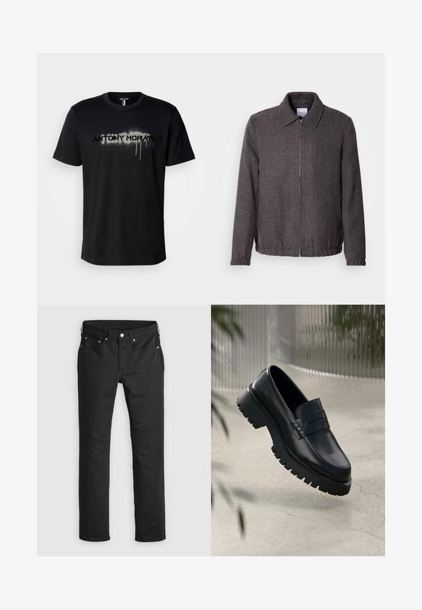 Lindbergh TEXTURED ZIP THROUGHT JACKET - Let jakke / Sommerjakker - charcoal; Sort bomulds t-shirt med en sprayet tekstgrafik "ANTONY MORATO" i grå med dryppende detaljer, korte ærmer og rund hals.; Sorte denimbukser med lige ben, der har lynlås i gylpen, fem lommer og metalknapdetaljer. Glat tekstur.; Sorte læder loafers med en chunky sål, der har en dekorativ rem og syninger. Glat tekstur med en poleret overflade.