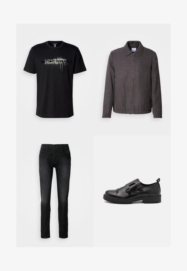 Lindbergh TEXTURED ZIP THROUGHT JACKET - Let jakke / Sommerjakker - charcoal; Sort bomulds t-shirt med en sprayet tekstgrafik "ANTONY MORATO" i grå med dryppende detaljer, korte ærmer og rund hals.; Sorte denimjeans med lige ben, som har fem lommer, knaplukning og en subtil stoftekstur. Ingen synlig slid eller mønstre.; Pier One by Zalando Business loafers - black