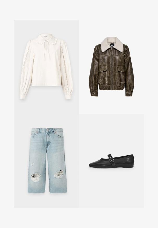 Chaqueta bomber de cuero marrón con gran cuello de forro polar blanco, cremallera frontal y dos bolsillos con solapa, cintura y puños elásticos.; Blusa blanca de manga larga con bordes festoneados en las mangas, un cuello tipo Peter Pan con un lazo atado y puños abotonados.; Pantalones cortos de mezclilla azul claro con un corte holgado, que presentan dos grandes desgastes en la parte delantera. Cinco bolsillos y un cierre metálico visible.; Zapato plano de cuero negro con punta redondeada, una sola correa ajustable con hebilla y una textura suave y brillante. Diseño minimalista con un tacón bajo.