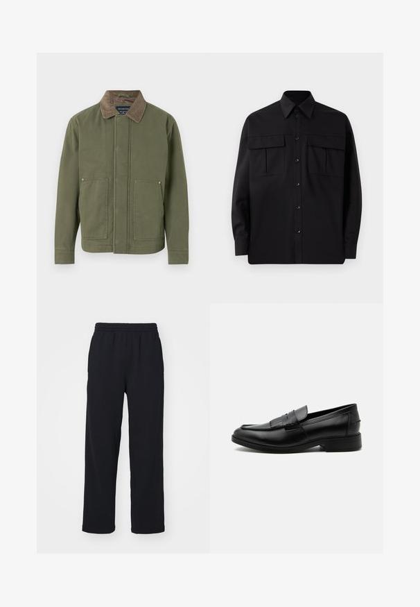 Chaqueta de color verde oliva con un cuello de pana marrón, bolsillos delanteros con botón a presión y corte recto. Fabricada con un tejido duradero y de textura suave.; Camisa negra de manga larga con cuello clásico, dos bolsillos en el pecho y cierre de botones. Confeccionada en una tela suave con un ajuste ligeramente relajado.; Pantalones de chándal negros con cinturilla elástica, piernas rectas y detalles cosidos. Hechos de una tela suave y texturizada.; Mocasín negro de cuero para hombre con detalle de borlas, punta redondeada, tacón bajo y acabado liso y pulido, mostrado de lado sobre un fondo blanco.