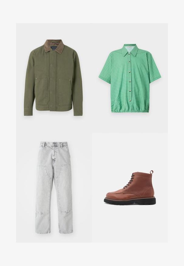 Veste olive avec un col en velours côtelé marron, poches snap à l'avant et coupe droite. Fabriquée dans un tissu durable à la texture lisse.; Chemise verte à manches courtes avec un motif quadrillé, dotée d'une fermeture à boutons sur le devant, d'un col et d'un ourlet inférieur élastiqué pour une coupe décontractée.; Pantalons en denim gris clair à coupe ample, avec de grandes poches latérales, des coutures visibles et un design à jambe droite. Passants de ceinture à la taille.; Bottes chelsea en cuir marron avec un bout arrondi, un système de laçage à l'avant et une surface texturée, dotées d'une languette et d'une semelle noire robuste.