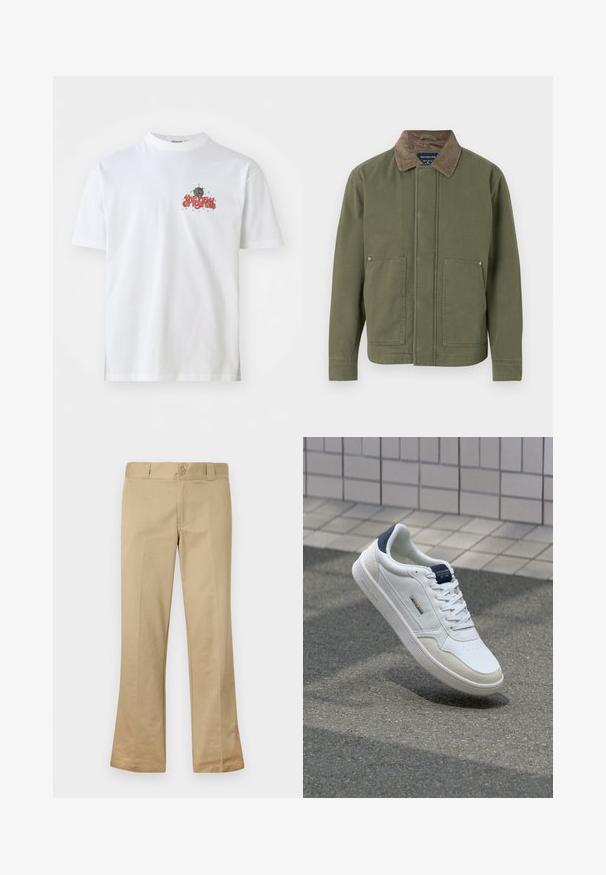 Oliven grøn jakke med en brun kordfløjskrave, forreste trykknaplommer og lige snit. Fremstillet af et slidstærkt stof med en glat tekstur.; Hvid bomulds t-shirt med teksten "the new originals" i rødt og blå stjerner, rund hals og korte ærmer.; Beige flarebukser lavet af en bomuldsblanding, med knaplukning, bæltestropper og glat front med blød tekstur.; Hvid sneakers med en glat læderoverdel, teksturerede ruskindsdetaljer, navy hælflap og snørelukning, præsenteret mod en grå asfaltbaggrund.