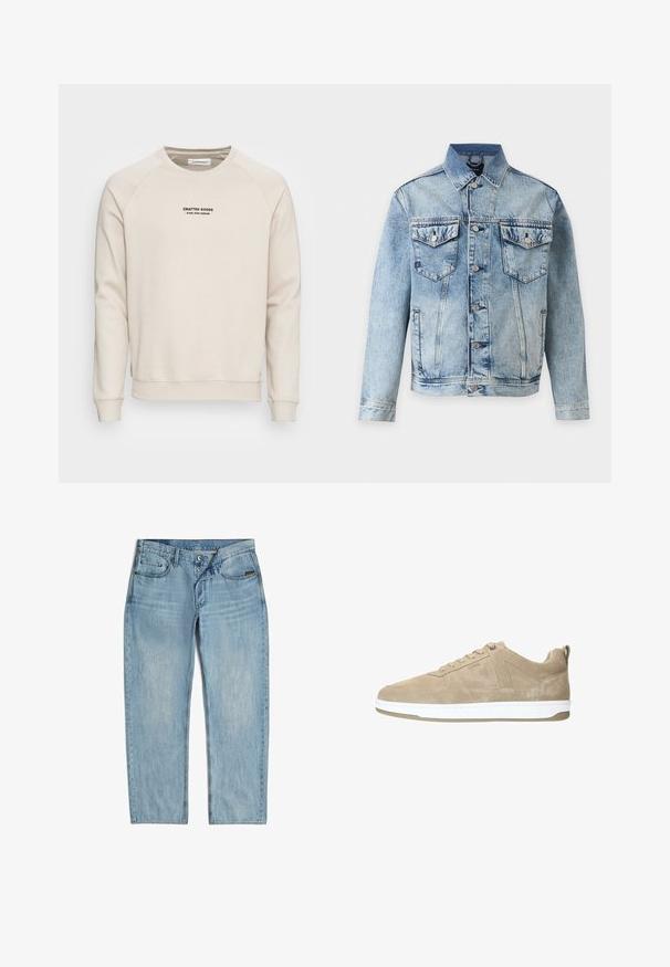 Lichtblauw spijkerjack met knoopsluiting aan de voorkant, twee borstflapzakken met knopen en zijzakken, afgebeeld op een witte achtergrond.; Crème-kleurige sweatshirt met raglanmouwen, ribgebreide manchetten en zoom. Bevat een zwart tekstlogo aan de voorkant. Zacht, geweven stof.; Lichtblauwe denim jeans met een recht model, vijf zakken, knoopsluiting en een subtiele wassingseffect op de stof.; Beige suède sneaker met witte rubberen zool; beschikt over een minimalistisch ontwerp, vetersluiting en subtiele zijnaad voor extra detail.
