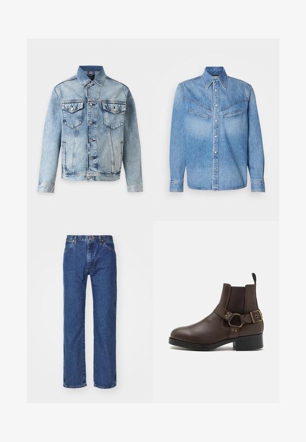 Lyseblå denimjakke med knapper foran, to brystlommer med klapper og knapper samt sidelommer, vist på hvid baggrund.; LYSEBLÅ DENIMSKJORTE MED LANGE ÆRMER, SPIDSE KRAVE, TO BRYSTLOMMER OG KNAPLUKNING FORAN. HAR HVITE KNAPPER OG KONTRASTSYMNING.; Straight-leg blå denim jeans med frontknap, lynlås, bæltestropper og fem-lomme design på en ensfarvet hvid baggrund.; Steve Madden ANTONN - Cowboy- / bikerstøvlette - dark brown